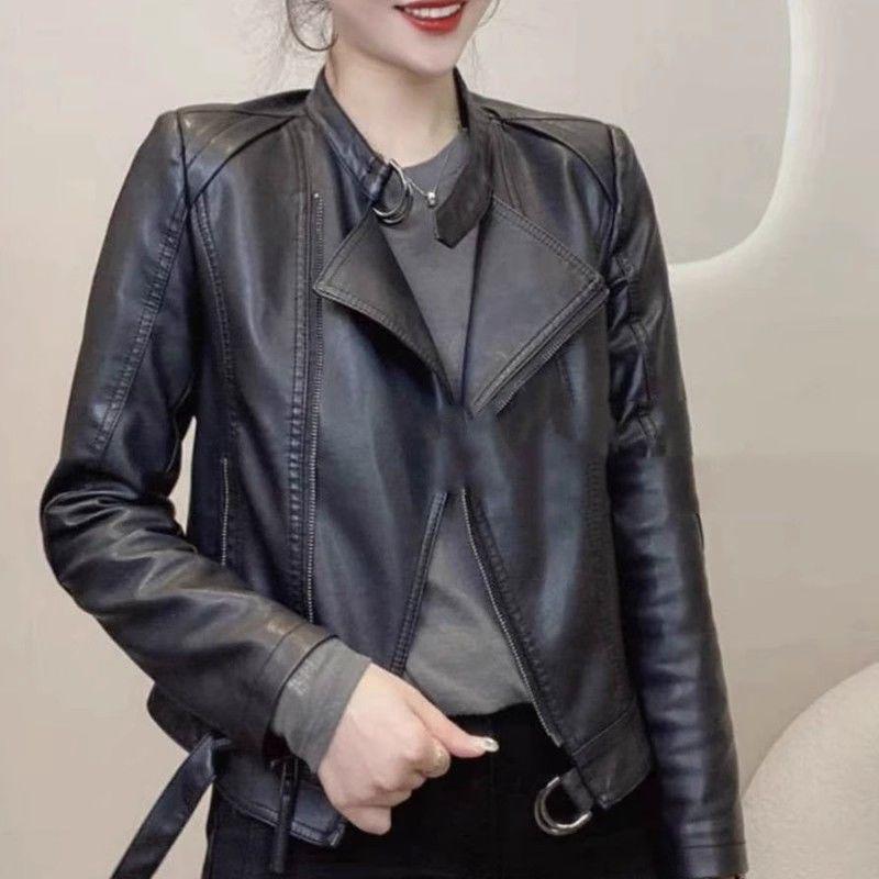 

Женская кожаная куртка с длинным рукавом 2025 - Шикарная, универсальная корейская мода для весны и осени. 2XL (recommended 60-65 kg) чёрный