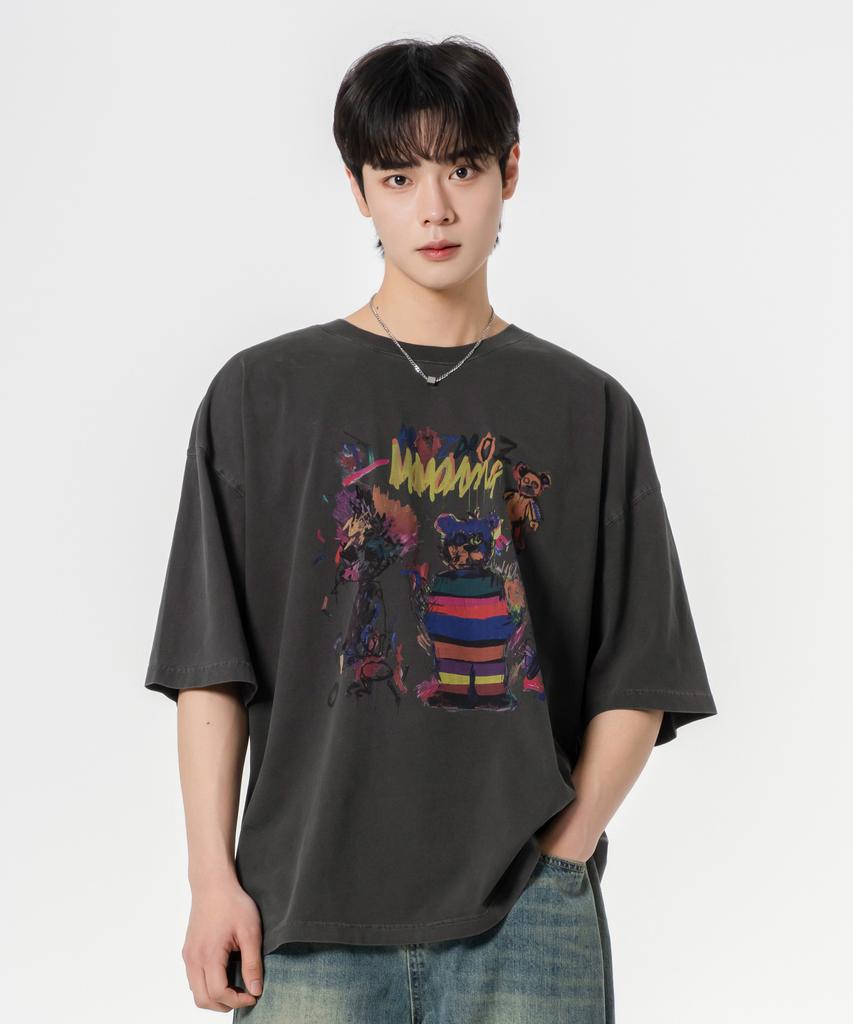 MOZMOZ Pride Bear Oversized Pigment Short Sleeve T-Shirt Charcoal