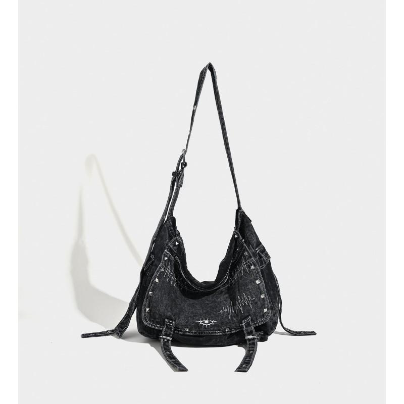 Large-capacity Tote Bag Washed Used Denim Niche Design Rivet Commuting Diagonal Span чёрный