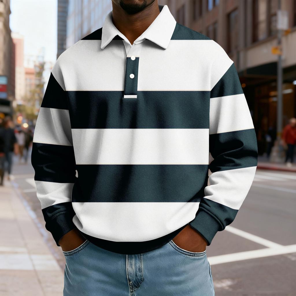 Herren Lässiges Lockeres Colorblock-Print Revers Knopf Langarm Oberteil