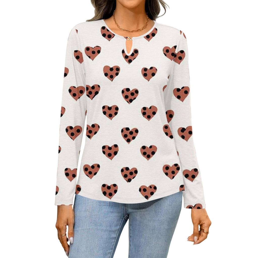 Damen Casual Rundhals Aushöhlung Langarm Valentinstag Herz-Print T-Shirt Top