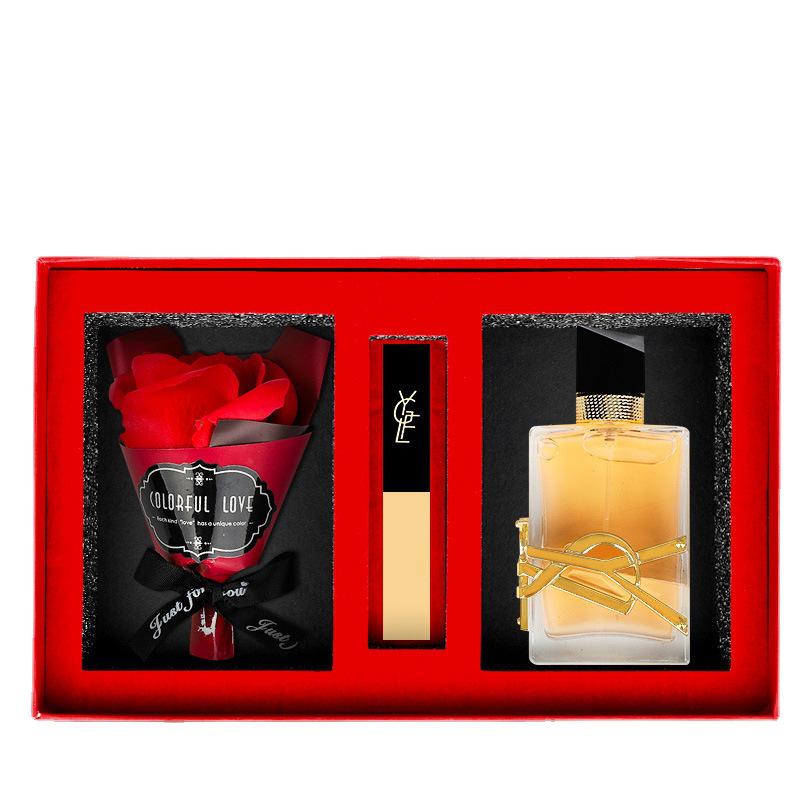 Qixi Valentine's Perfume & Lipstick Set: Rose, Black Opium, Libre - Gift for Girlfriend or Bestie