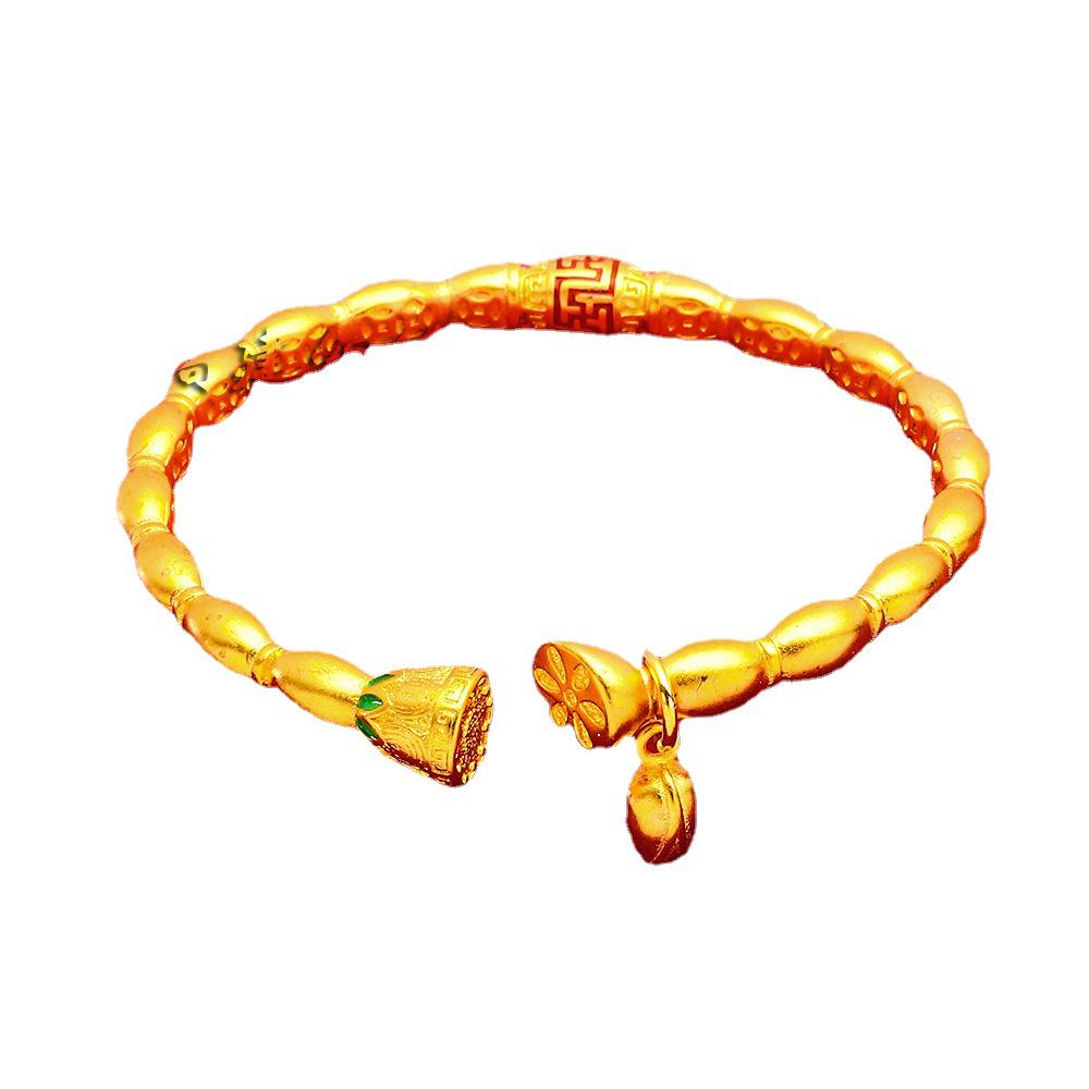 Vietnam Lotus Root & Pod Bangle with Gold-Plated Brass, Enamel Meander, Copper Coin, and Lotus Flower Design for Women.