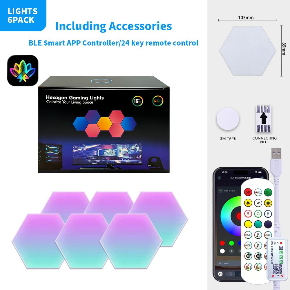 

Hexagon Smart RGB Wall Light USB Color Changing Ambient Night Light DIY Mode Music Rhythm Sync APP Control for Game Room Bedroom 6PCS BT App