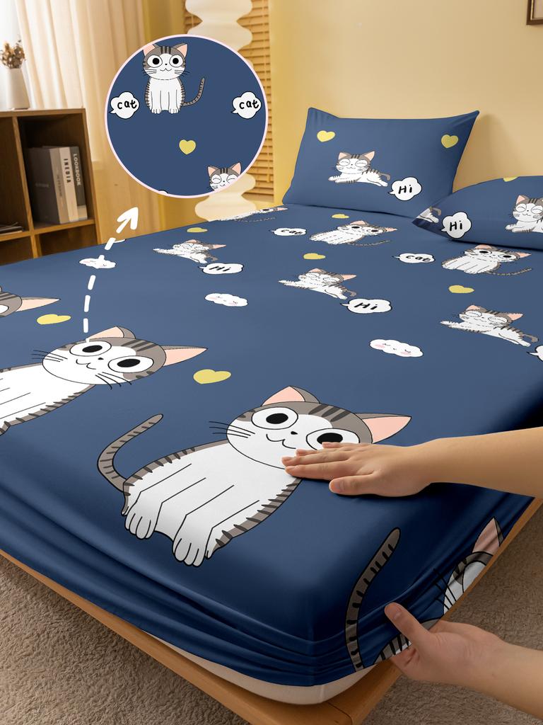 Cartoon 1 Cute Animal Cat Printed Matte Fitted Sheet, Bedroom Printed Bed Cover, Bedding Excluding Pillowcases