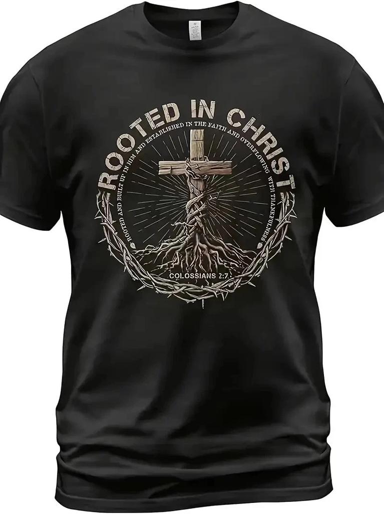 Żywy nadruk, wygodny krój męski chrześcijański T-shirt - Czarny religijny T-shirt wit