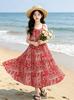 French Luxury Vacation Style Camisole Dress for Teenagers, Bohemian Floral Beach Casual Long Dress