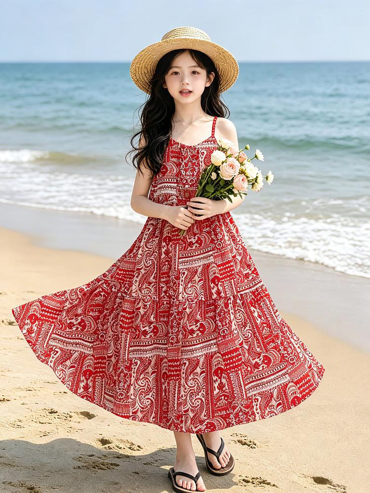 French Luxury Vacation Style Camisole Dress for Teenagers, Bohemian Floral Beach Casual Long Dress
