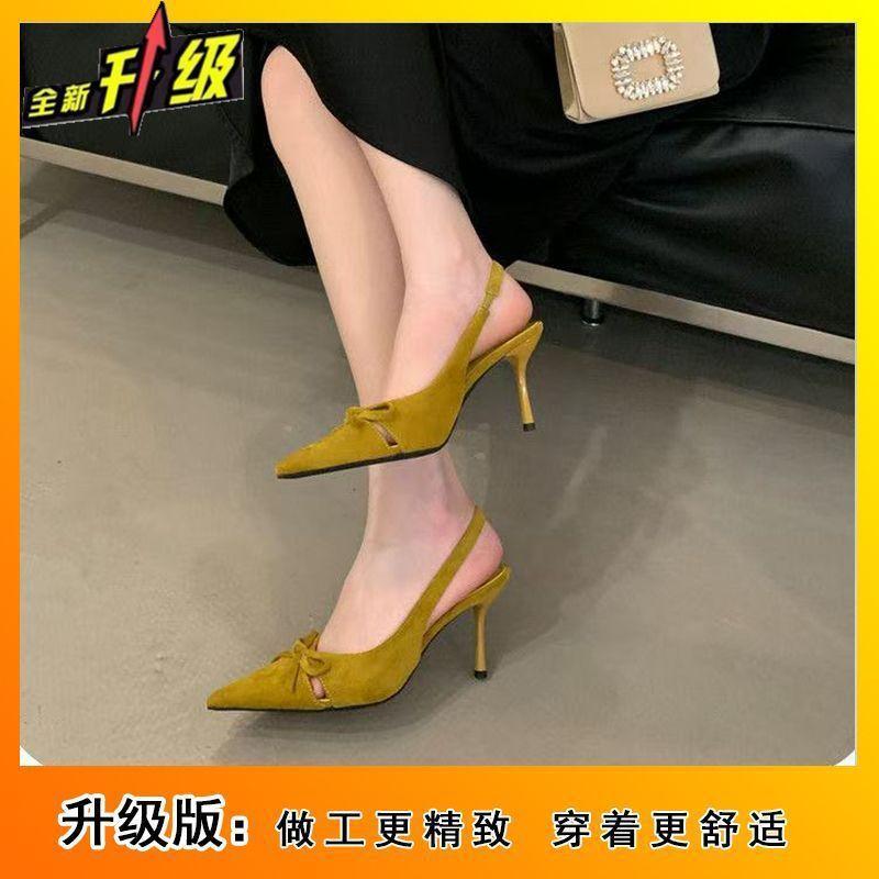 

Pointed fairy wind bag head sandals female 2025 spring and summer new niche high heels stiletto bow single shoes female 35
