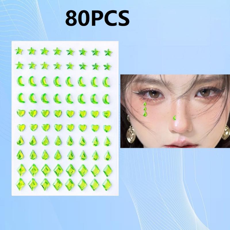 

80Pcs Special-Shaped Face Stickers Colorful Temporary Tattoo Party Diy Face Eye Stickers Lasting Rhinestones Makeup Tools зелений