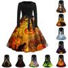 Women Long Sleeve Halloween Dress Round Neck Casual Fit and Flare Midi Dress with Printed Ghost Pattern and Waist Ribbon Tie