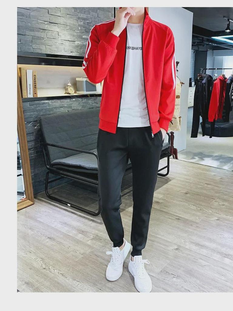 Trendy Unisex Sports Suit: Stand-up Collar Cardigan & Sweatshirt, Ideal for Spring/Autumn, Two-Piece Set, Customizable.