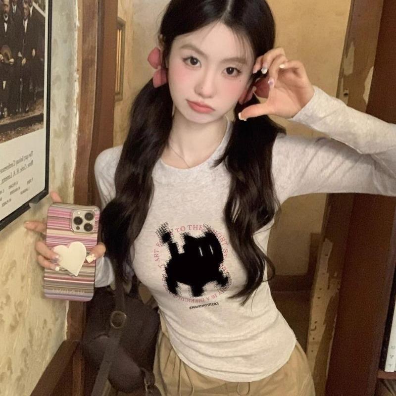 2KWEIRD New Fashion Kawaii Cat Print Grunge T-shirts Autumn Sweet Flower Grey Crop Top Women Y2k Aesthetic Al Match Harajuku Tees