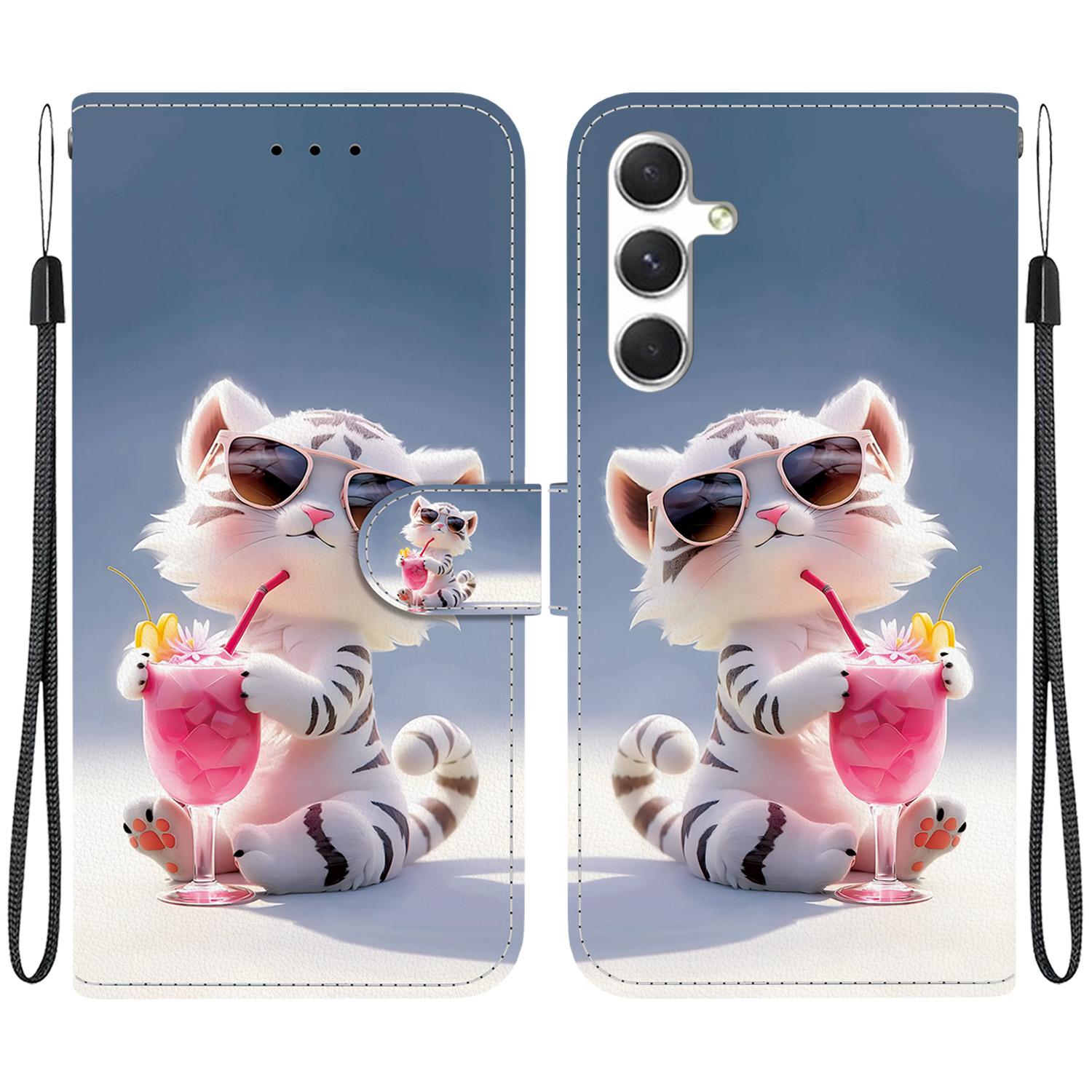 

Для Samsung Galaxy S25 Чехол С принтом Устойчивый к падениям Кожаный откидной кошелек Чехол для телефона со шнурком Cartoon Tiger