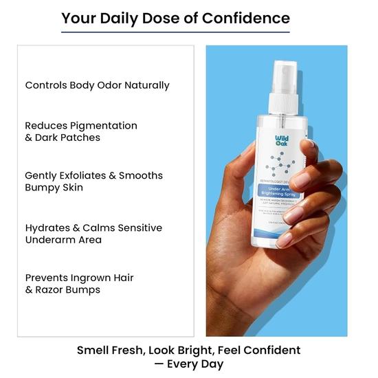 WildOak Underarm Brightening & Odour Control Spray | 100ml | Kills 99% Sweat Germs | Lactic, Glycolic & Kojic Acid | Brightens & Exfoliates Skin