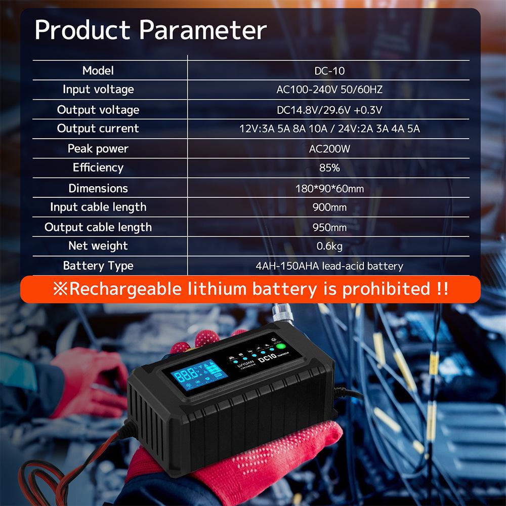 Smart 12V/24V Car Battery Charger - 10A/20A/25A/30A Lead-Acid & Lithium Repair Charger