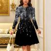 Women Long Sleeve Round Neck Midi Dress Vintage Ink Wash Plum Blossom Dot Stripe Print Flared Casual Dress
