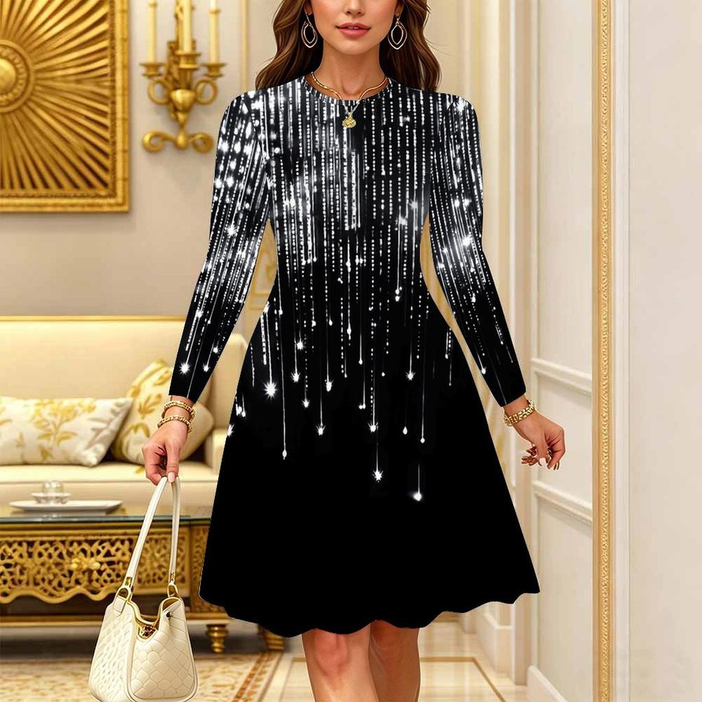Women Long Sleeve Round Neck Midi Dress Vintage Ink Wash Plum Blossom Dot Stripe Print Flared Casual Dress