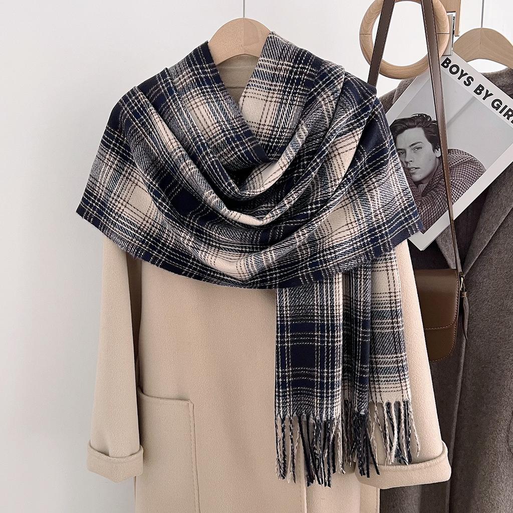 Korean version of imitation cashmere literary lines plaid warm shawl scarf autumn and winter fashion atmosphere versatile fringed scarf