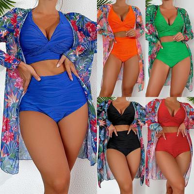 Swimsuit Women's Split Three Piece Set High Waist Long Sleeve Ins Overshirt Drawstring Printed Bikini Suits