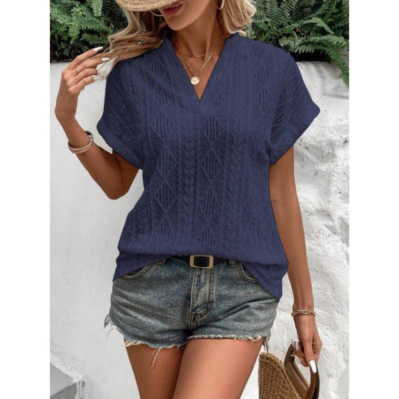 Καλοκαιρινό γυναικείο πουκάμισο Casual Hollow Jacquard V γιακά Φαρδύ κοντομάνικο