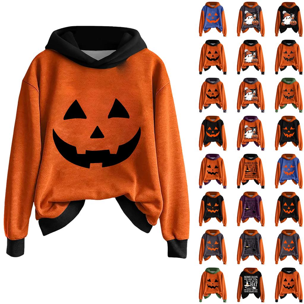 Ladies' Casual And Fashionable Halloween Printed Long Sleeved Hooded Warm Shirt Loose And Comfortable Hoodie