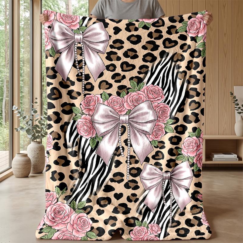 Leopard Roses and Bow Theme Blanket Lightweight Warm Flannel Blanket Decorative Throw Blanket for Home Decoration