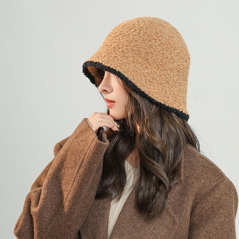 Bucket hat women's autumn and winter versatile color matching basin hat simple and fashionable face small face cover plush bucket hat winter