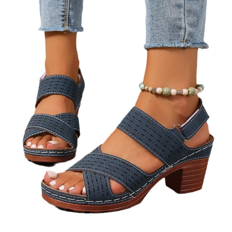 Large size fashion sandals women's round head hollow Velcro sandals thick heel high heels snals