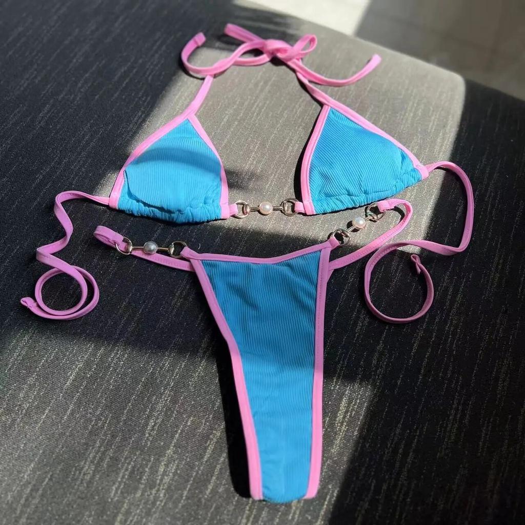 Sexig Ribbad Bikini Set Micro Bikinis 2024 New Chain Baddräkt Dam Badkläder Brasiliansk Baddräkt Biquini Vit Orange
