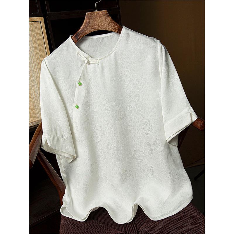 

Шелковый жаккардовый цветочный лоскутный топ в китайском стиле с круглым вырезом и приталенным силуэтом L