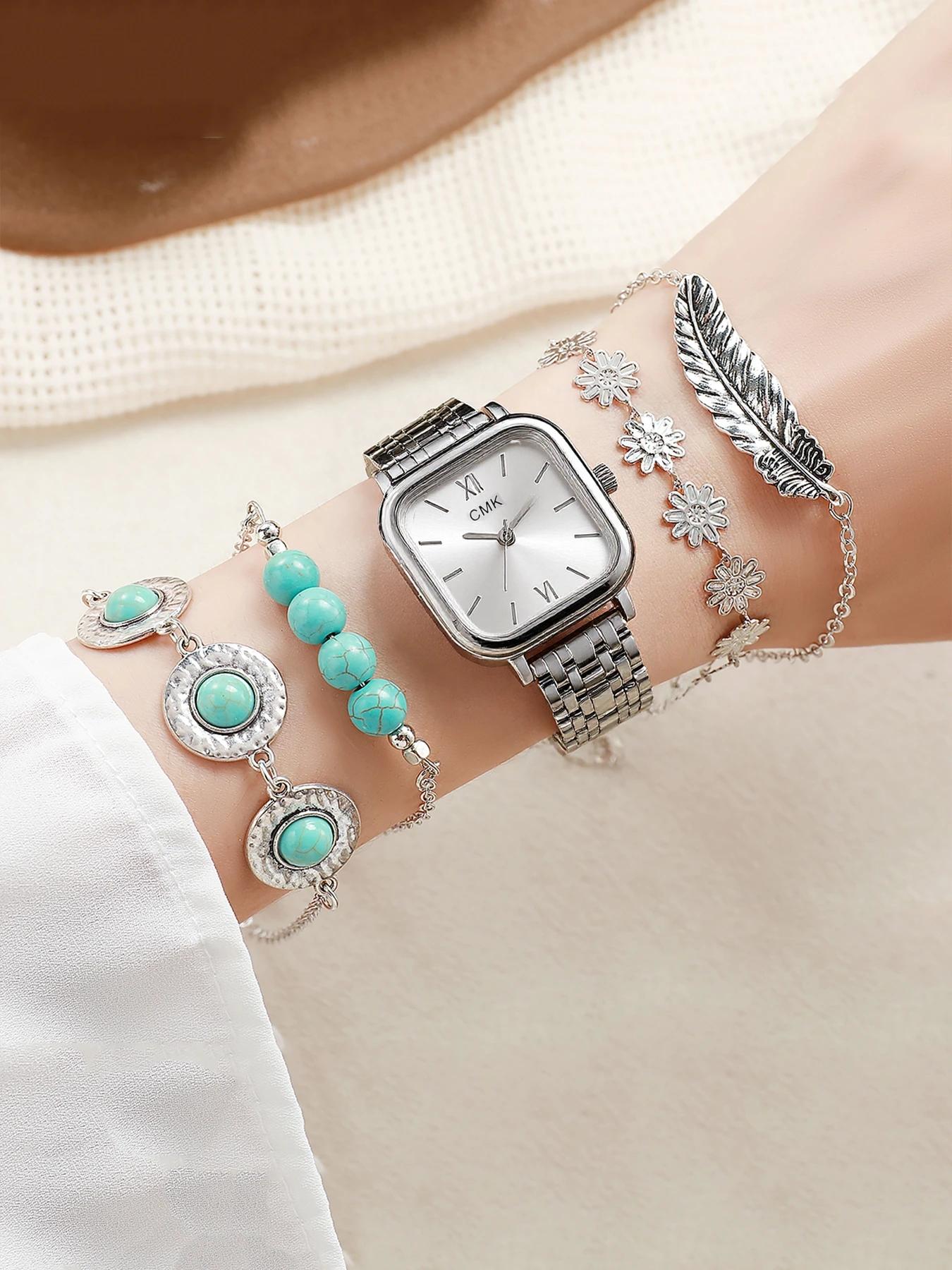 

Fashion Light Luxury Square Dial Alloy Strap Women s Quartz Watch Fashion Bracelet Set of 5, Suitable for Christmas, Thanksgivin серебряный