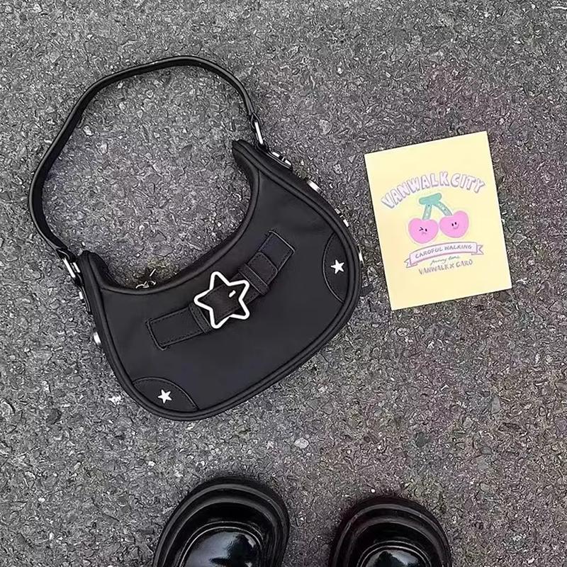 Women's Fashi PU Small Shoulder Bag Y2K Star Armpit Purse American Retro Black Chic Hobo Bag High Quality Designer New Handbag