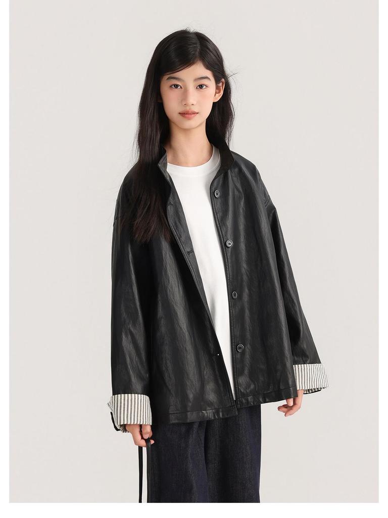 Tao Town Girls' Leather Lapel Jacket - Spring/Autumn Fashion for Big Kids