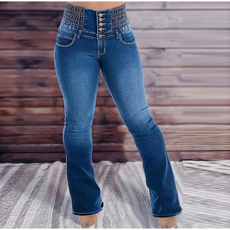 

Модные узкие джинсы с высокой талией, женские весенние эластичные брюки с несколькими пуговицами, слегка расклешенные джинсовые брюки в американском стиле, эластичные узкие джинсы L темно-синий