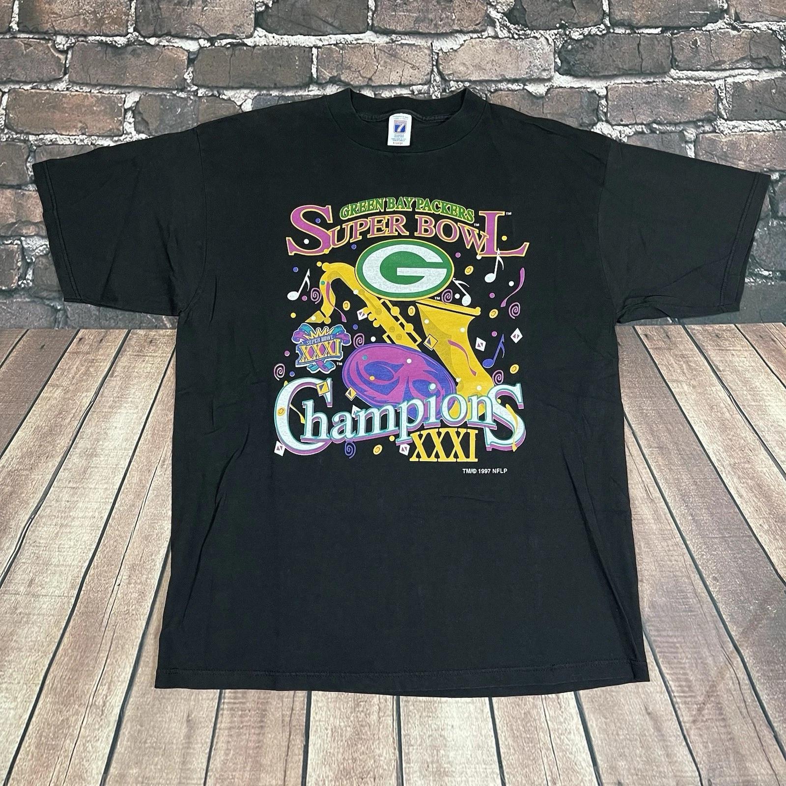 Vintage 1997 Green Bay Packers Super Bowl XXXI Champions NFL Black T-Shirt Sz XL L