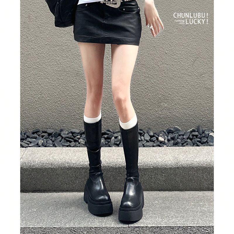Petite Dames 2024 Vinter Lårhøye Ridestøvler med Elastisk Tykk Såle - Allsidig Slankende Stil