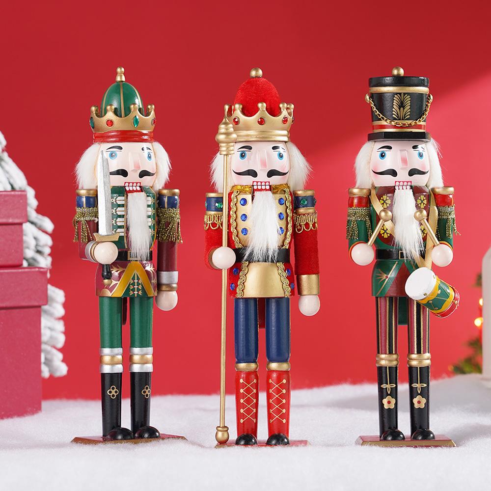 3pcs 30cm Unique Wooden Nutcracker King Drummer Soldier Handmade Christmas Decor Puppet Ornaments Holiday Decor Collectible Gift