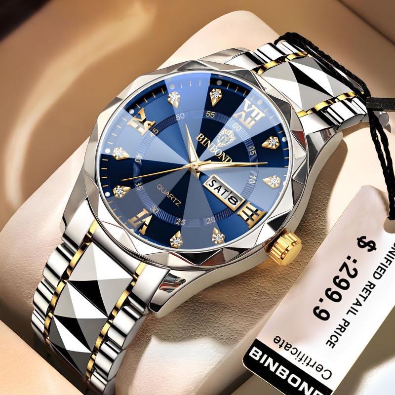 New Genuine Men's Watch Calendar Week Luminous Waterproof Men's Watch Fashion Rhombus Mirror Watch Quartz