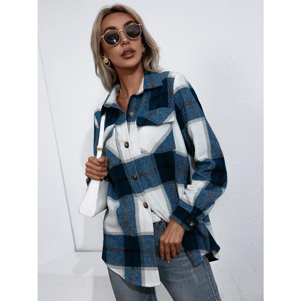 Fall Winter Women's Thickened Cashmere Plaid Shirt Jacket, Casual Loose Long Sleeve Fashion Outerwear