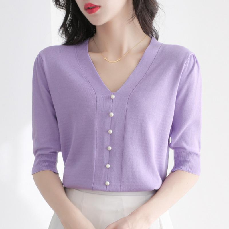 Women's Fashion Casual Solid Color Print Short Sleeve V-Neck Blouses & Shirts
