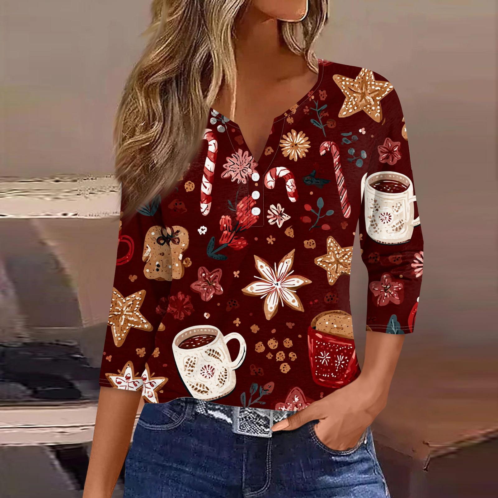 

Женская мода Повседневная футболка с принтом на Хэллоуин, V-образным вырезом, коротким рукавом, декоративными пуговицами, рукавом три четверти S