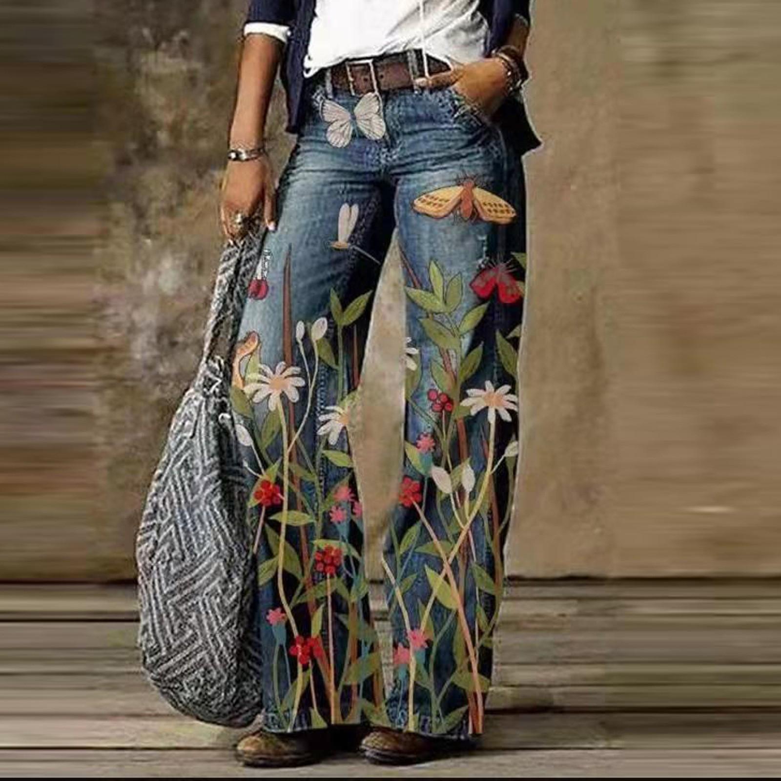 

Женские широкие прямые повседневные брюки с карманами на молнии с цветочным принтом и пуговицами без пояса, брюки из искусственного денима с высокой талией XXL зелёный