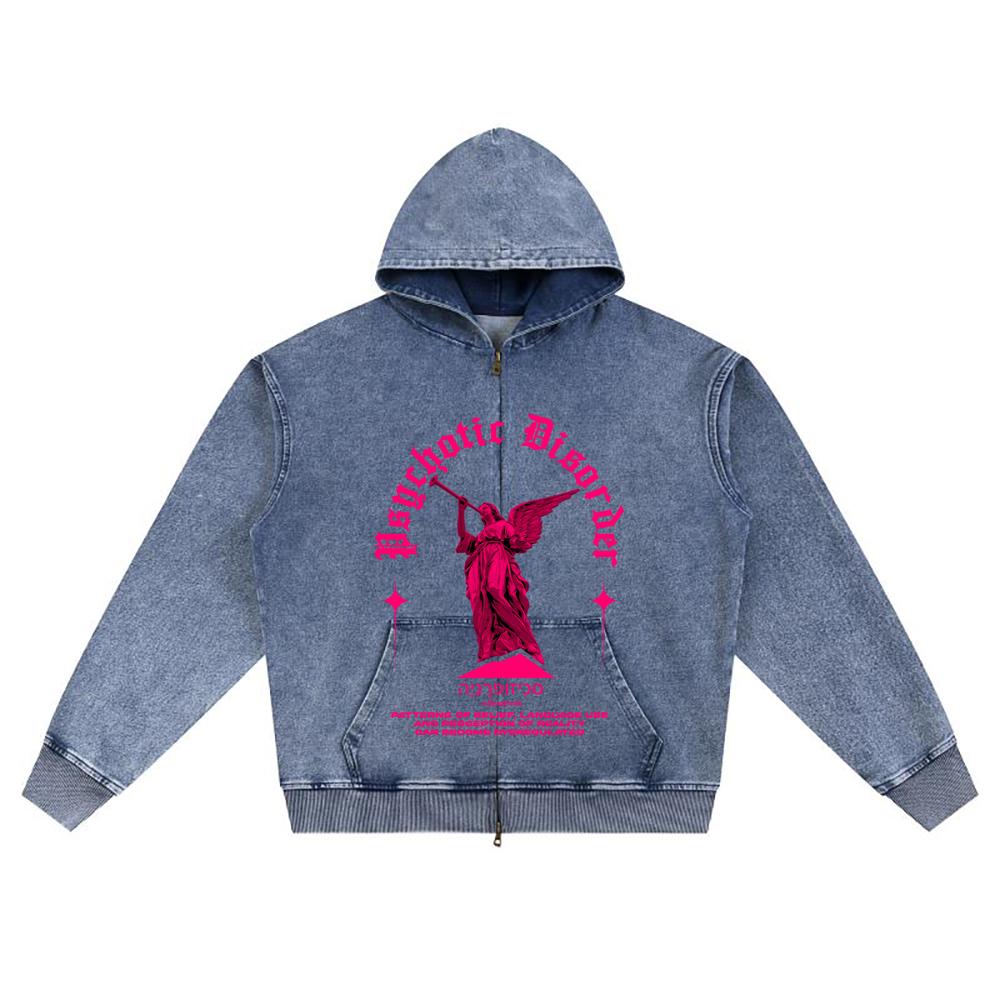 DTG print Knitted Denim Zip-Up Hoodie streetwear psychotic disorder Brother Print Zipper Hoodies  