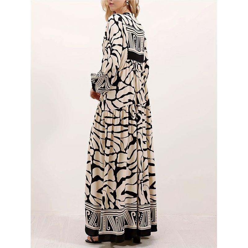 Western Style New Fashion Casual Loose Print Long Sleeve V-neck Dress Printed V-neck Dress