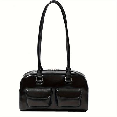 Vintage Style Faux Leather Shoulder Bag for Women with Zipper Closure, Solid Color, Hand Washable, Polyester Lined, Multi-Pocket Bowling Bag