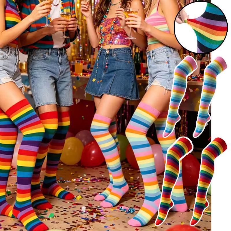Soft Elastic Rainbow Striped Thigh High Socks, Over Knee Long Stockings for Daily Wear Party Cosplay Halloween Costume