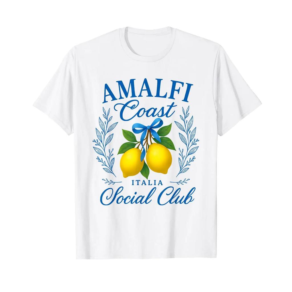 Amalfi Coast Italy Social Club Lemons With Bow Retro T Shirt Vintage Casual Top For Everyday Wear Designer Clothes