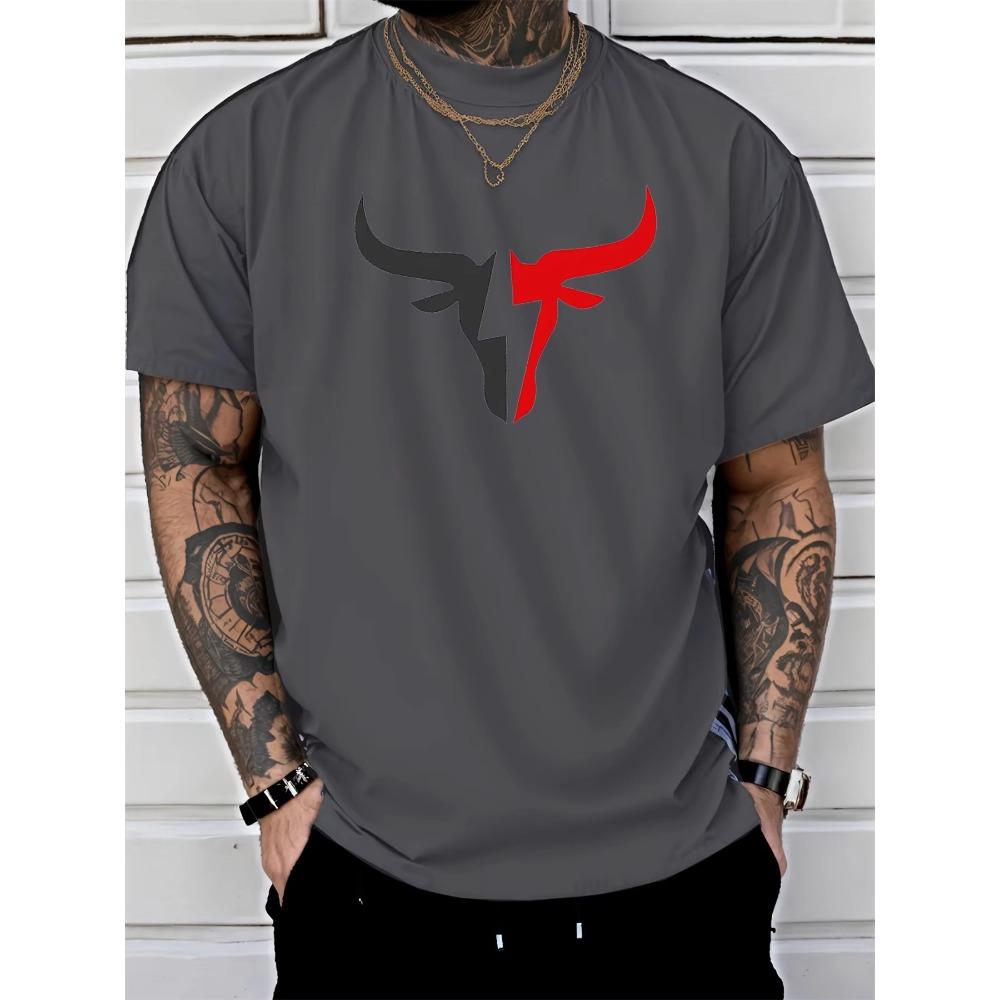 Summer men's 100% cotton comfortable casual loose fit plus size bull pattern print sports round neck short sleeved T-shirt top