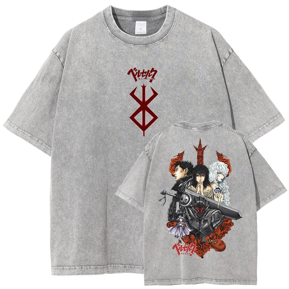 Berserk Guts T Shirt Manga Griffith Printed  T-shirt Men Unisex Clothes Street Vintage Washed Tshirt Short Sleeve Cotton Tees